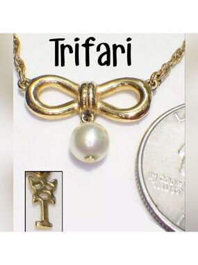 Vtg Signed CROWN TRIFARI Infinity/Bow Dangle Faux Pearl Gold Plate Necklace 16"